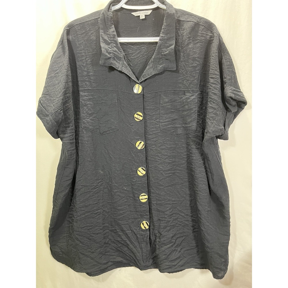 John Mark Women's XL Black Textured Short Sleeve Button Down Shirt Pocket Top